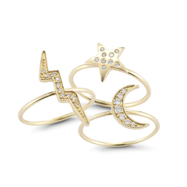 Bolt, Star and Crescent Moon rings from Andrea Fohrman