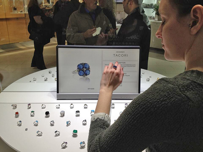 Interactive jewelry display at Veloce jewelry store
