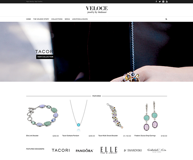 Website home page for Veloce jewelry store