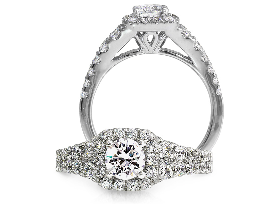 Rego Designs 14K white gold setting with cushion halo and accent diamonds