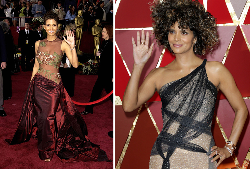 (Left) Halle Berry wearing Forevermark Diamonds at The 2017 Academy Awards; (Right) Halle Berry received the 2002 Best Actress Oscar for her role in Monster’s Ball