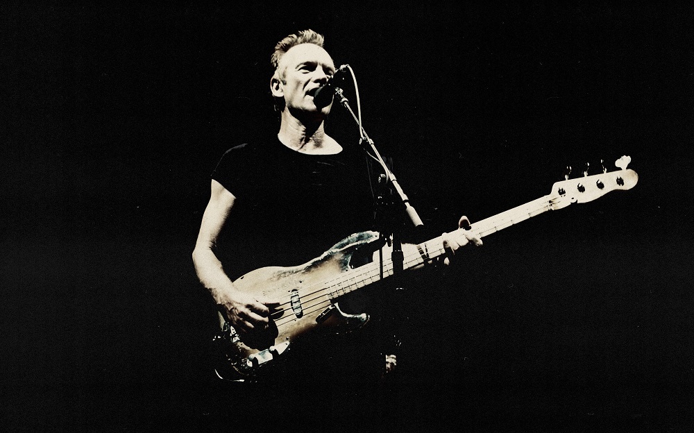 Sting playing bass guitar and singing.