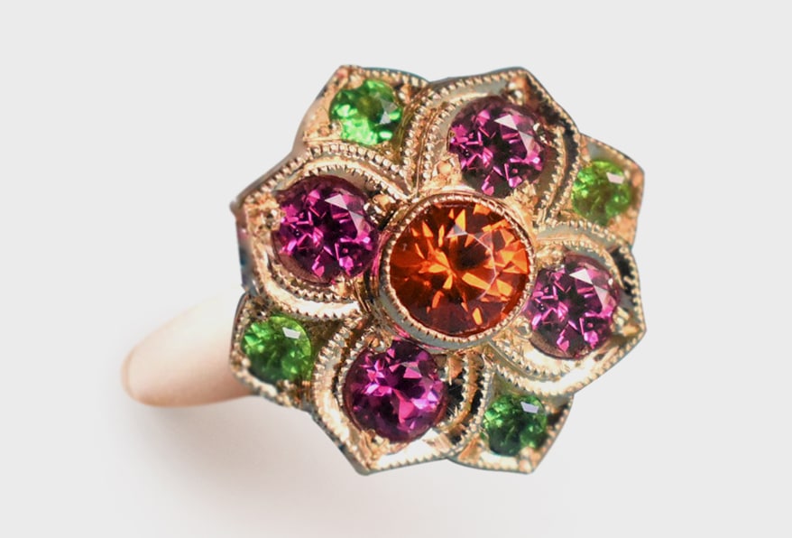 Cecile Raley Designs 18K rose gold ring with mint garnet, Mandarin garnet and spinel