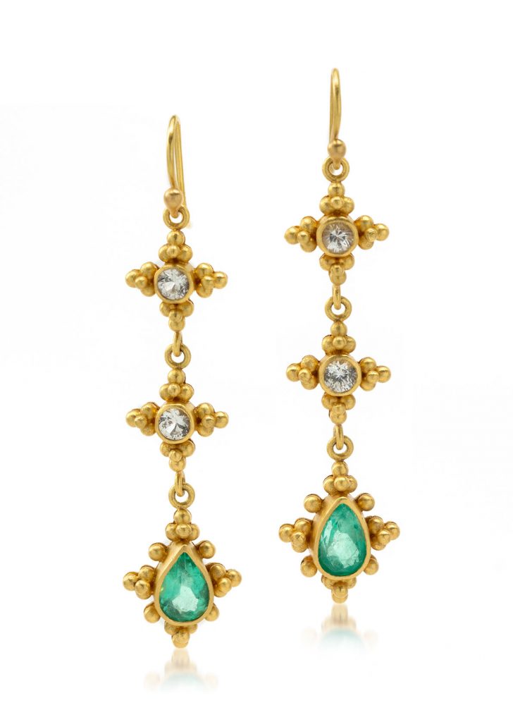 Babylon earrings in 22K yellow gold with white sapphires and emeralds