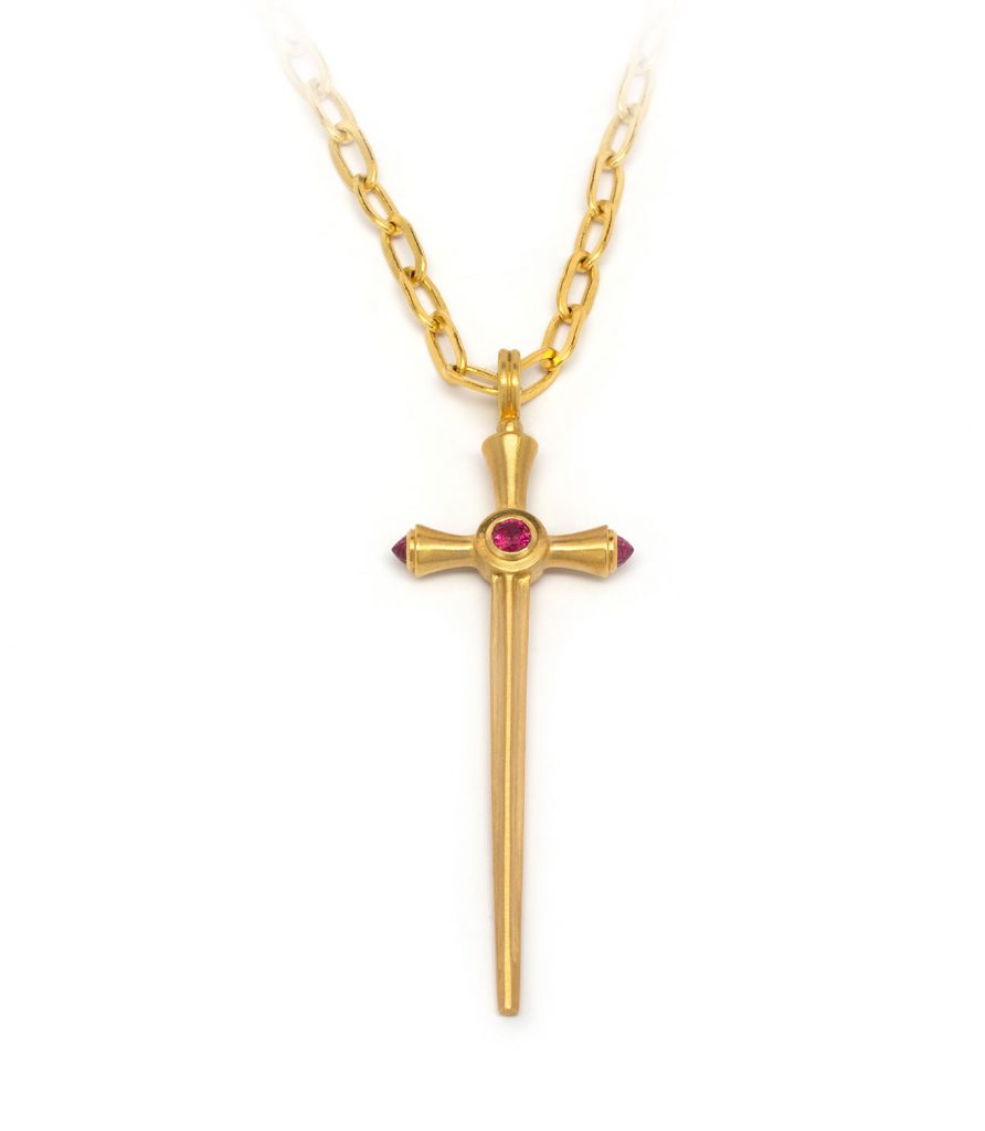Glamdring sword necklace in 22K yellow gold with rubies