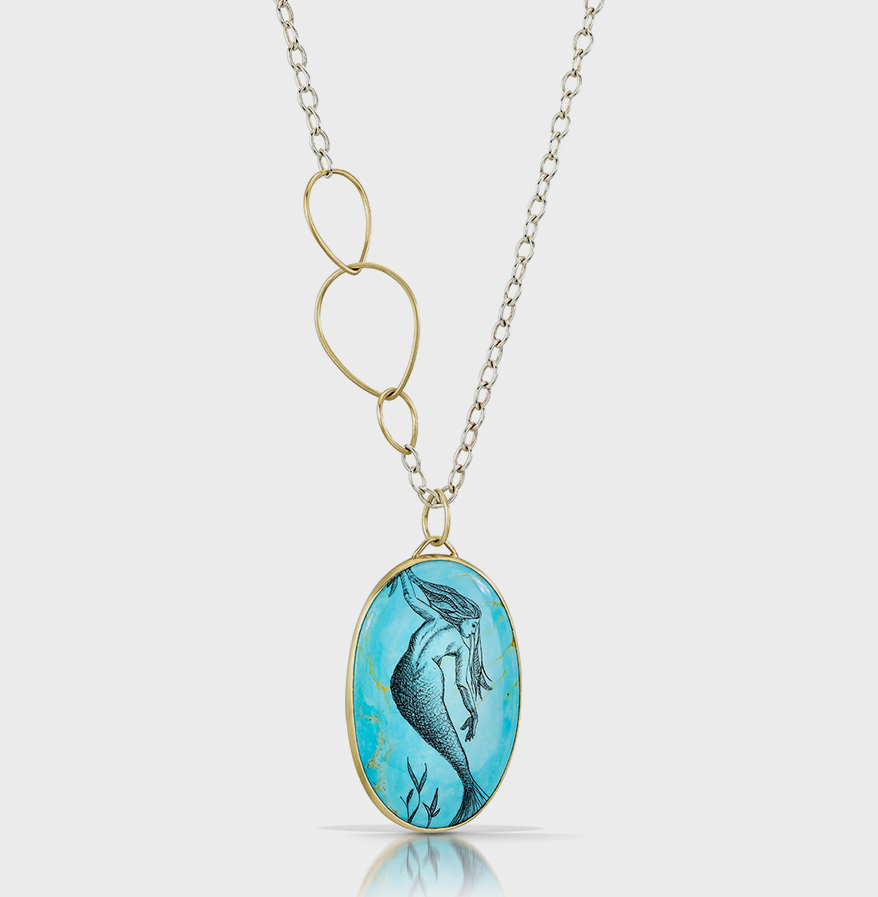 Hannah Blount Jewelry 14K yellow gold necklace with hand-scribed Kingman turquoise and India ink scrimshaw pendant