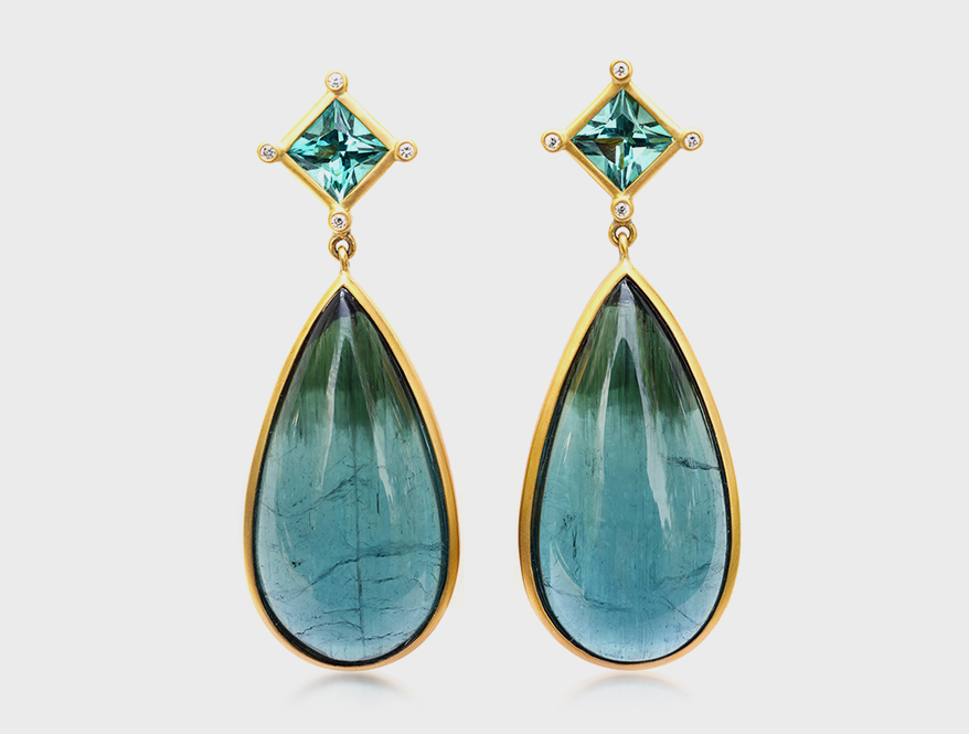 Kimberly Collins Colored Gems 14K yellow gold earrings with tourmaline, tourmaline cabochon and diamond