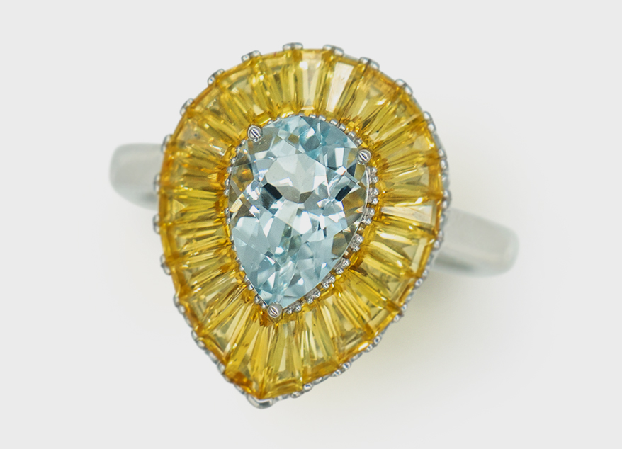 Jarilyn Jewelry 18K white gold ring with aquamarine and yellow sapphires.