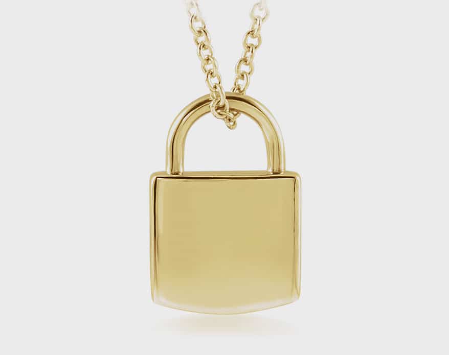 Stuller’s 14K yellow engravable lock necklace on 16-18” adjustable cable chain 