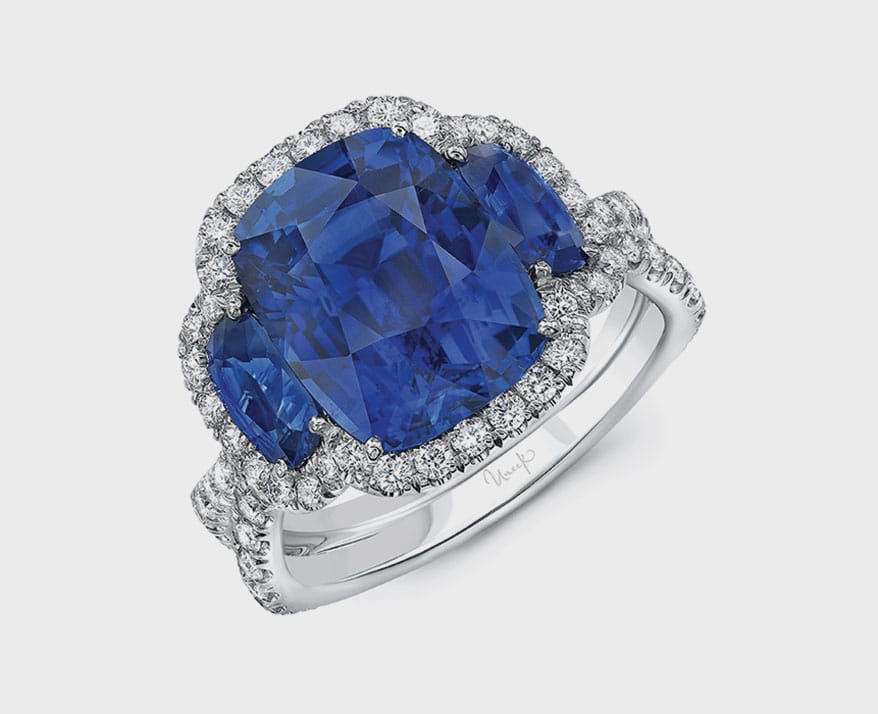 Uneek Jewelry cushion-cut blue sapphire platinum engagement ring