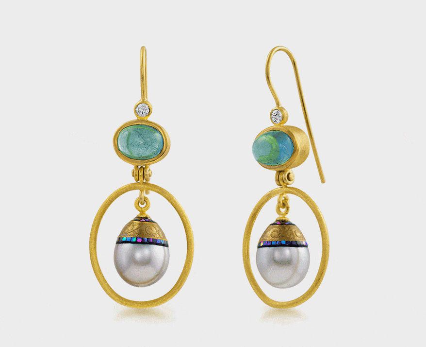 telier Wolff 22K yellow gold earrings with Maki-e pearls, tourmaline, and diamonds