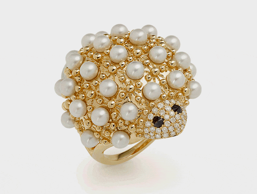 Yvonne Léon 18K yellow gold ring with pearls, gray diamonds, and black diamonds
