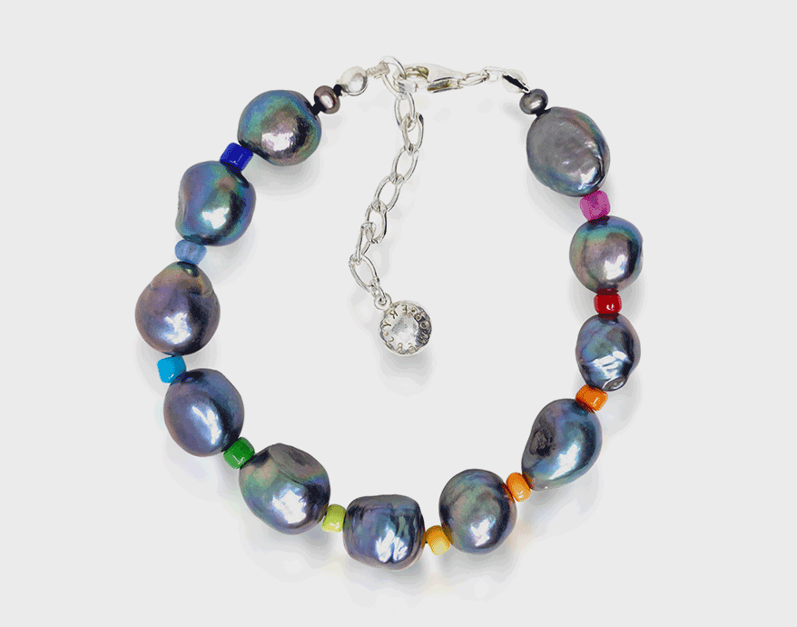 Fry Powers Sterling silver baroque pearl bracelet with glass rainbow beads