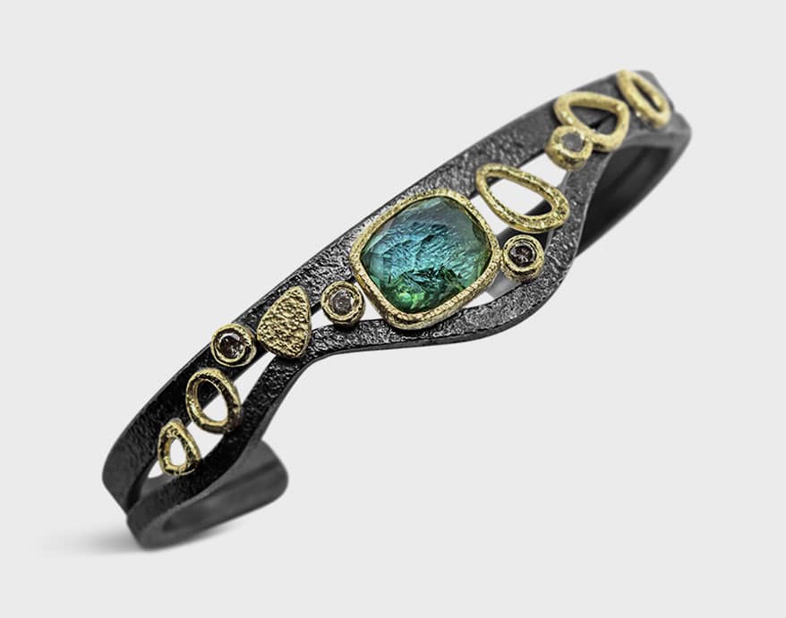 Rona Fisher 18K yellow gold and oxidized sterling silver bracelet with tourmaline and diamonds
