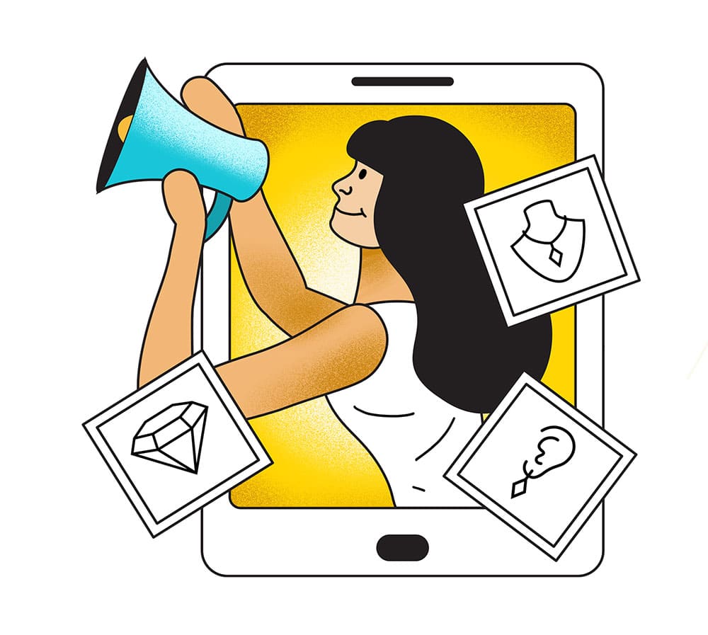 illustration of lady with megaphone inside a tablet 