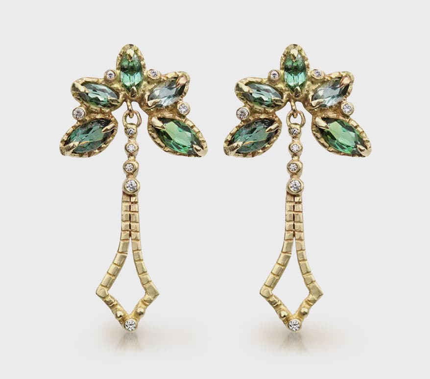 Hayley Elise Jewellery  14K yellow gold earrings with tourmaline and diamonds.