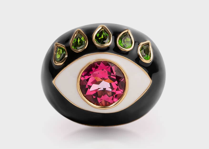 everNot 18K yellow gold ring with topaz, tourmaline, and enamel.