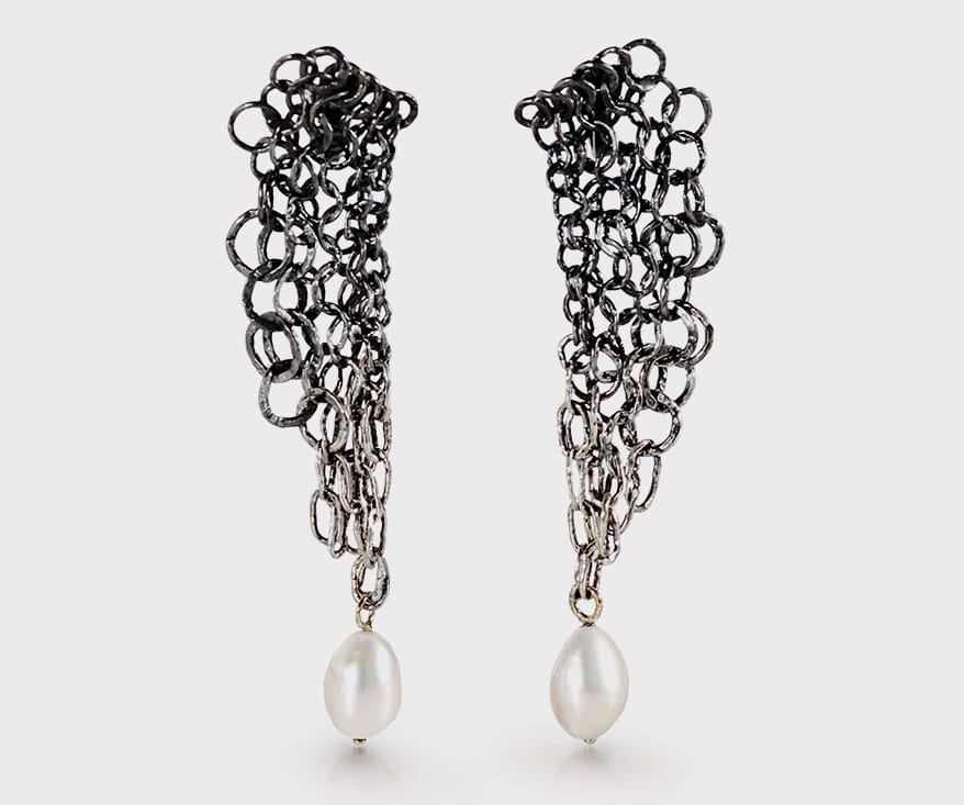 Carolina Cole  Oxidized sterling silver chain maille earrings with freshwater pearls.