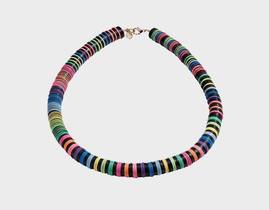 Elsie Frieda Collection African vinyl record bead necklace with gold clasp.