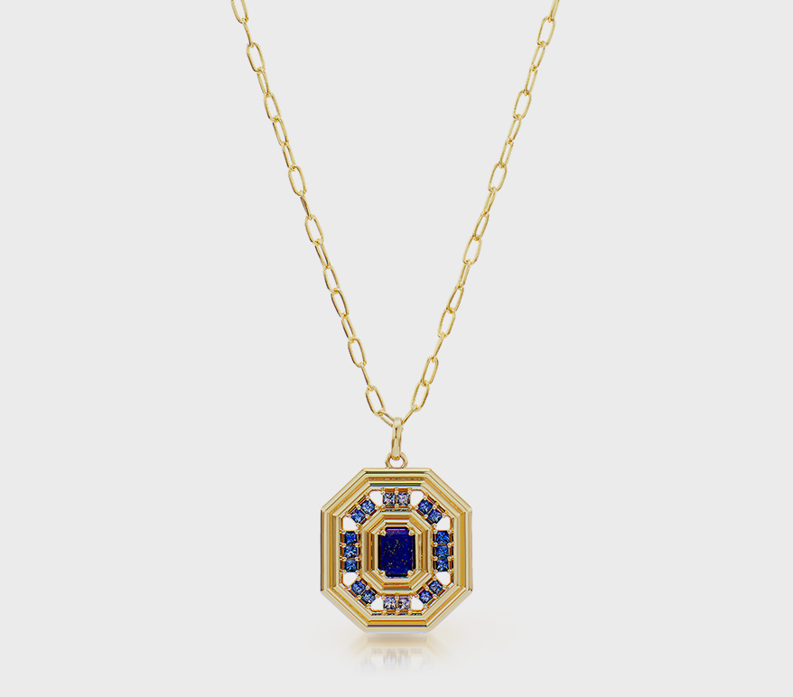 14K yellow gold pendant necklace with lapis lazuli and sapphires.