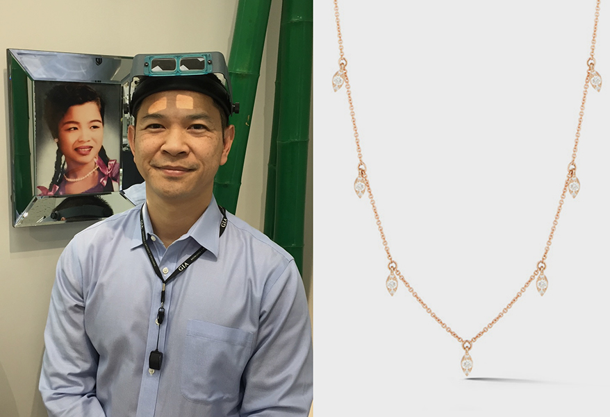 Phu Nguyen of Ba Lan Fine Jewelry in Covina, California won a Sophia Ryan Marquise Station diamond necklace by Dana Rebecca sponsored by www.brite.co at JCK Las Vegas 2021.