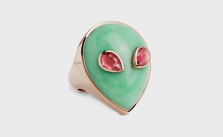 Alina Abegg 18K yellow gold ring with chrysoprase and tourmaline.