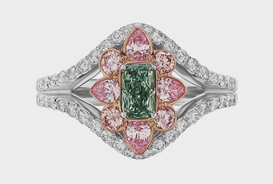 Gems of Note Platinum ring with 0.41-carat fancy intense green diamond, fancy pink diamonds (0.21 TCW) and white diamonds (0.81 TCW).
