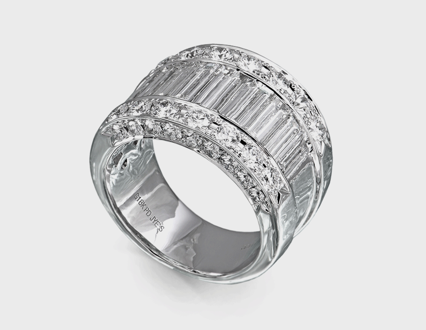 Jye’s International Platinum ring with round diamonds (1.62 TCW) and baguette diamonds (2.16 TCW).