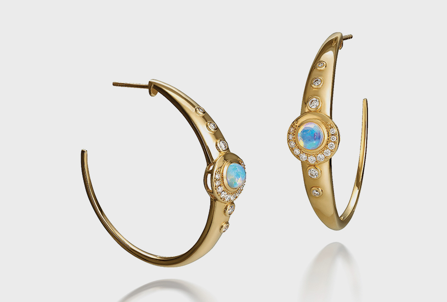 14K yellow gold hoop earrings with Ethiopian opal and diamonds (0.44 TCW).