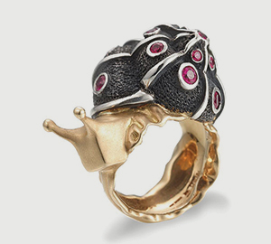 Manya & Roumen’s Gold Pink Sapphire Snail in 18K gold and blackened sterling silver; $7,900.