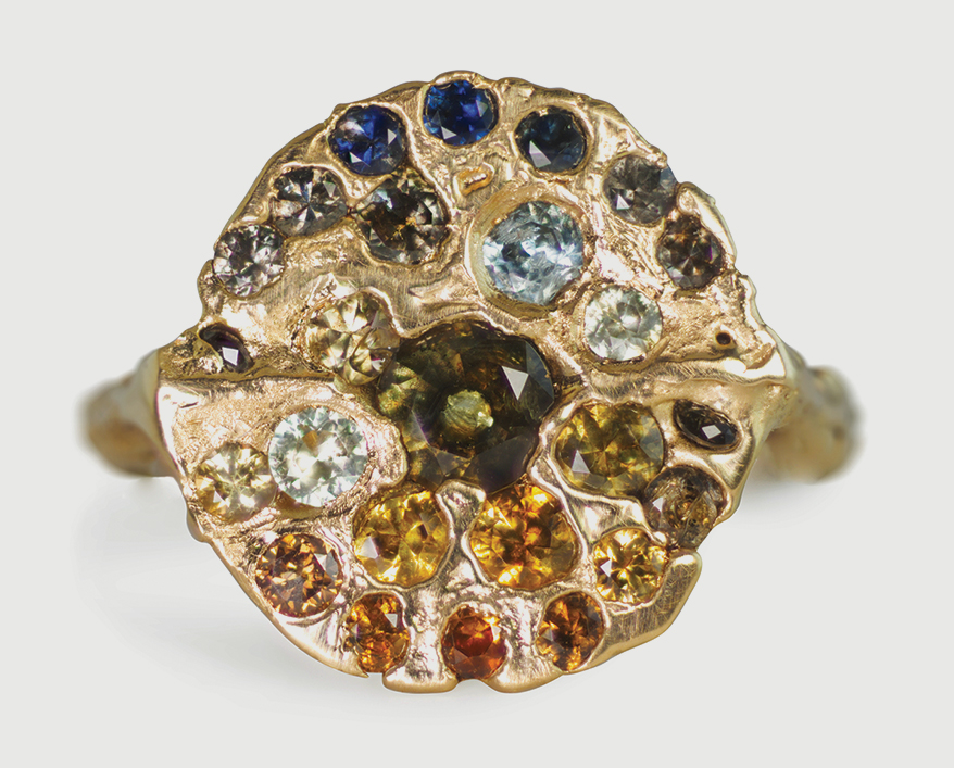 18K yellow recycled Fair Trade gold ring with sapphires.
