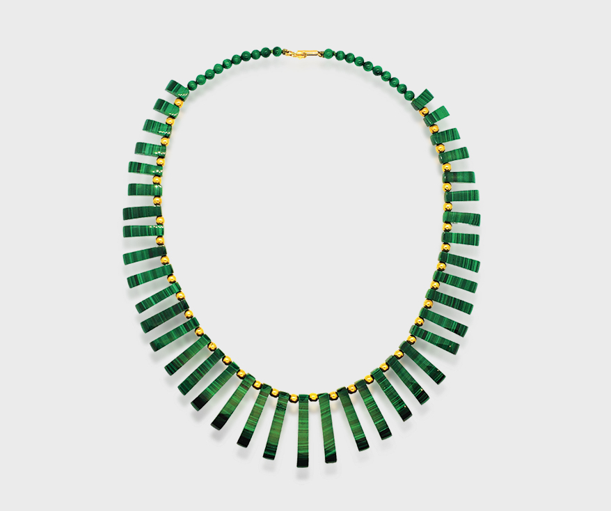 Alison Nagasue Cleopatra 14K graduated malachite sticks and round beads.