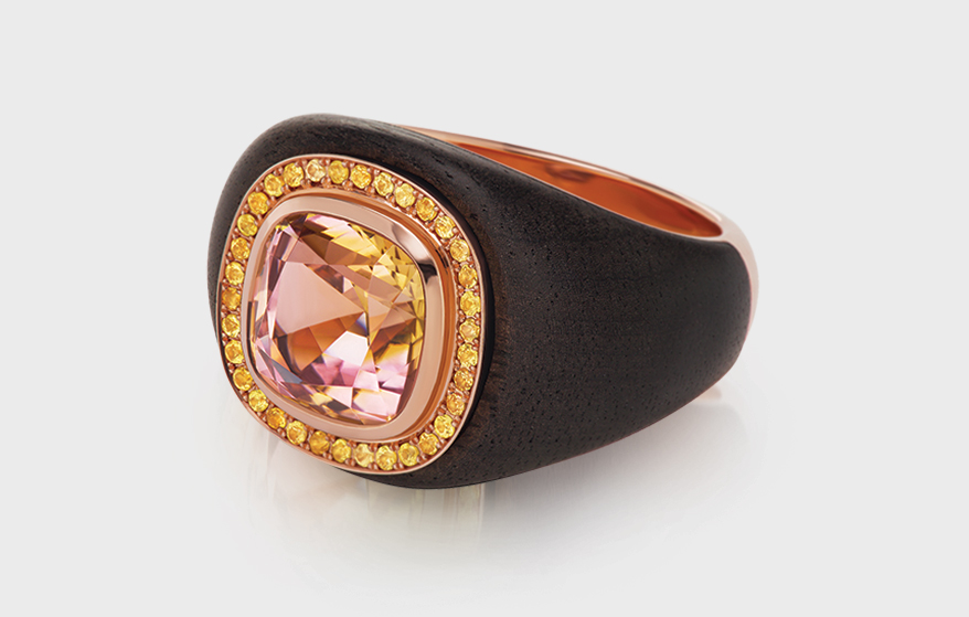 Emily P. Wheeler 18K rose gold Chubby ring with autumn tourmaline center, ebony, and yellow sapphires.