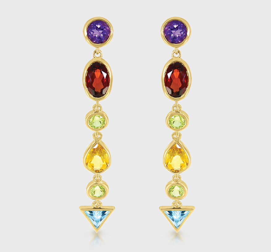 Brevani 14K gold multi-color bezel-set gemstone earrings.