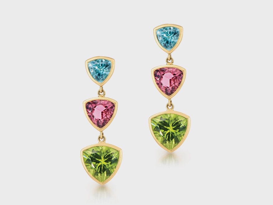 Kimberly Collins 18K gold peridot, pink tourmaline and blue zircon earrings.