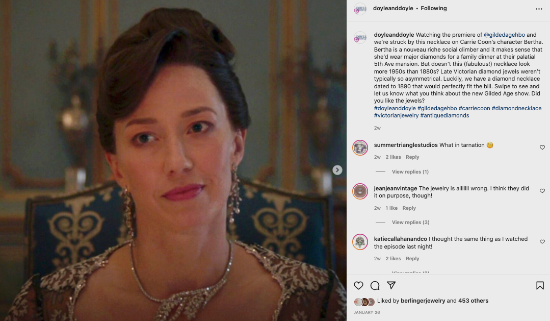@doyleanddoyle questioning the use of what they have dated as mid-20th century jewelry on Carrie Coons’ character in The Gilded Age