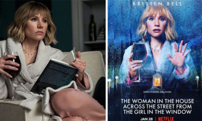 (Left) Poster of Kristen Bell wearing the Sarah Hendler necklace; (Right) Still of Kristen Bell in bathrobe during shooting the series wearing the Sarah Hendler Necklace