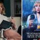 (Left) Poster of Kristen Bell wearing the Sarah Hendler necklace; (Right) Still of Kristen Bell in bathrobe during shooting the series wearing the Sarah Hendler Necklace