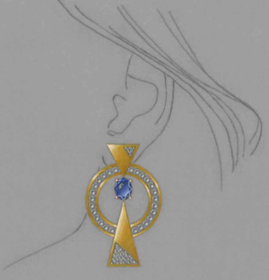 The winning design for the 2021 Gianmaria Buccellati Foundation Award for Excellence in Jewelry Design was rendered by Meghan Simmons, a graduate of the GIA Jewelry Design Course in Carlsbad, California. The sketch features gold, diamonds and blue sapphire.