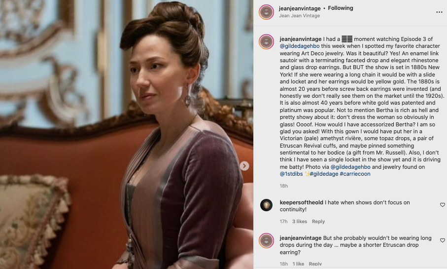 @jeanjeanvintage questioning the use of Art Deco glass jewels on Instagram for Carrie Coons’ character in The Gilded Age