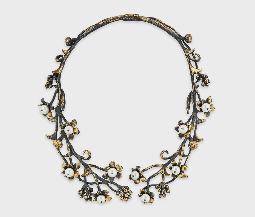 Aida Bergsen Oxidized silver necklace with pearls and gold leaf.