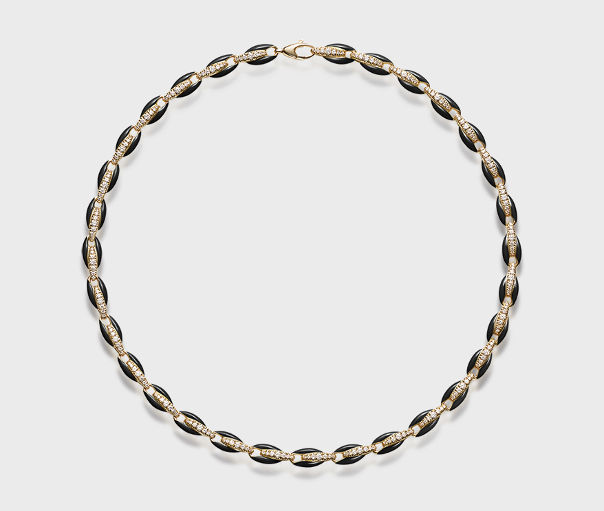 Melissa Kaye Ada necklace in 18K yellow gold black enamel and diamond links.