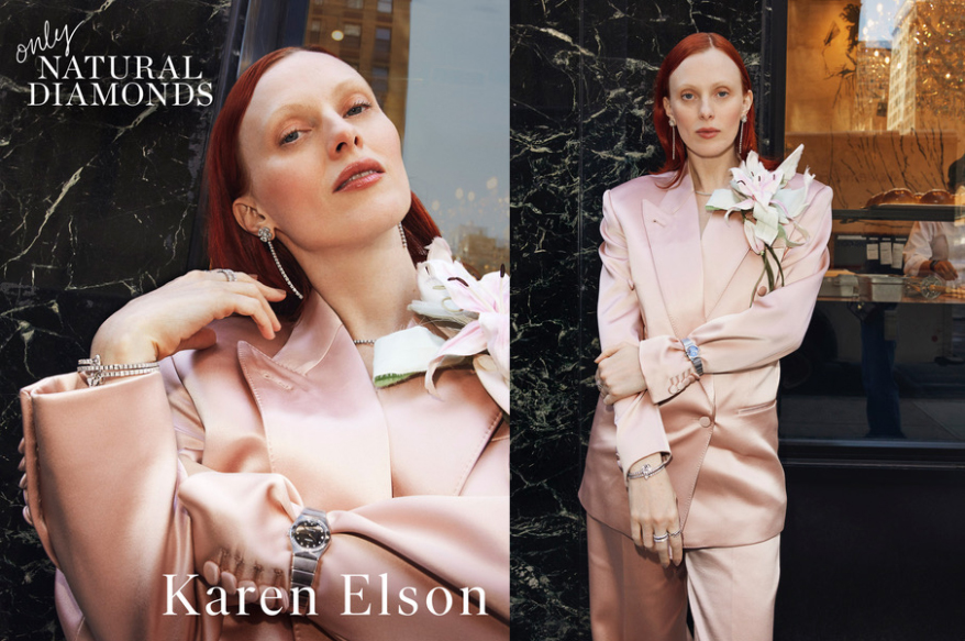 Karen Elson stars in the Spring !22 Only Natural Diamonds digital cover wearing diamond jewelry by Bulgari (earrings and bracelet) London Jewelers (necklace), and Omega (watch); coat by Gucci