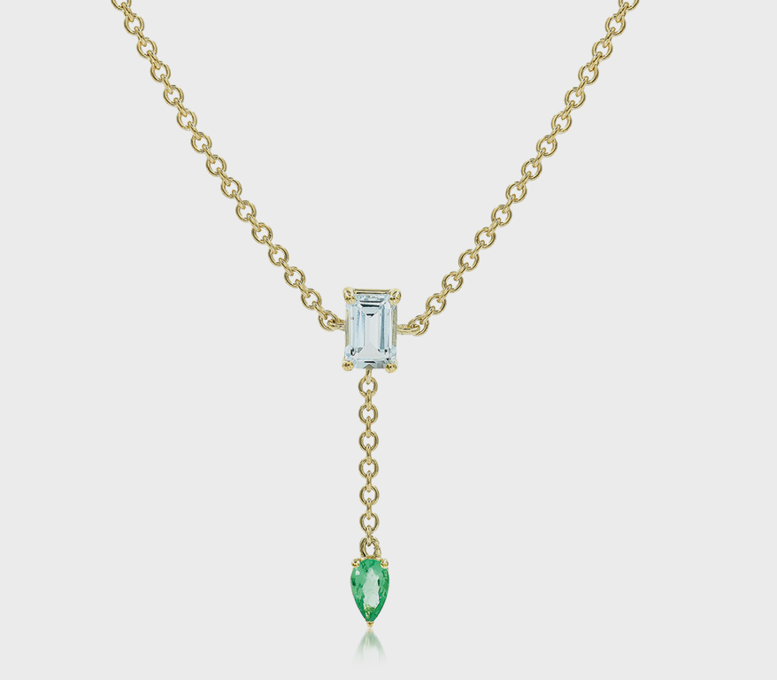 Bondeye Jewelry 14K yellow gold necklace with aquamarine and emerald.