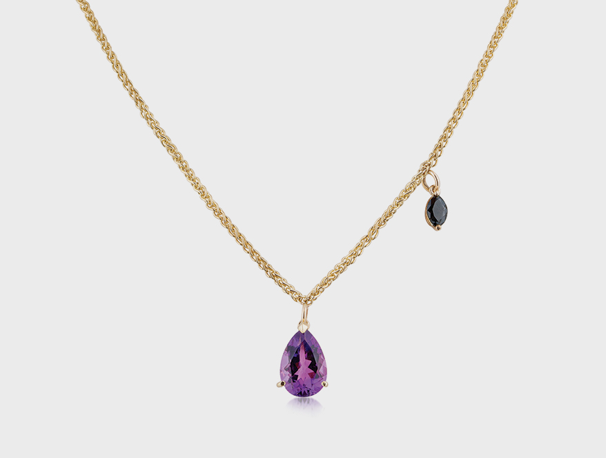 Reframed Jewellery 9K yellow gold necklace with black diamond and amethyst.