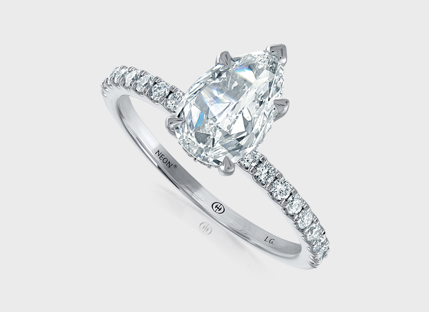 14K white gold ring with lab-grown pear diamond (1.07 TCW) and diamonds (1.40 TCW).