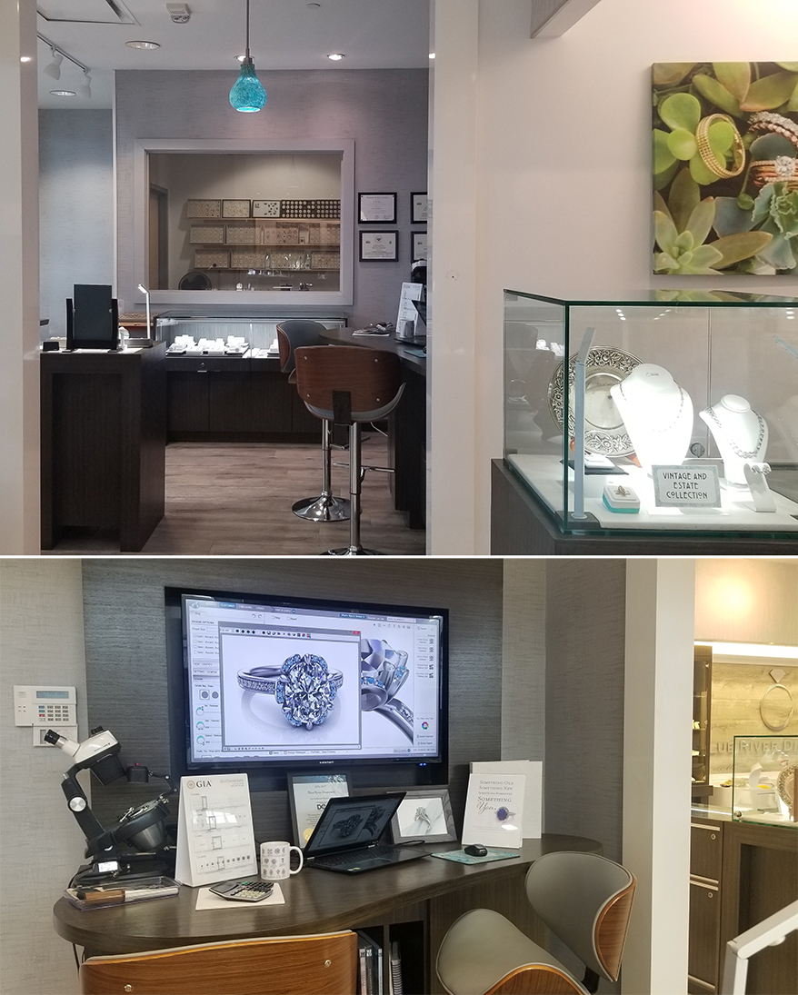 A semi-private enclave creates a niche for engagement ring shoppers at Blue River Diamonds.