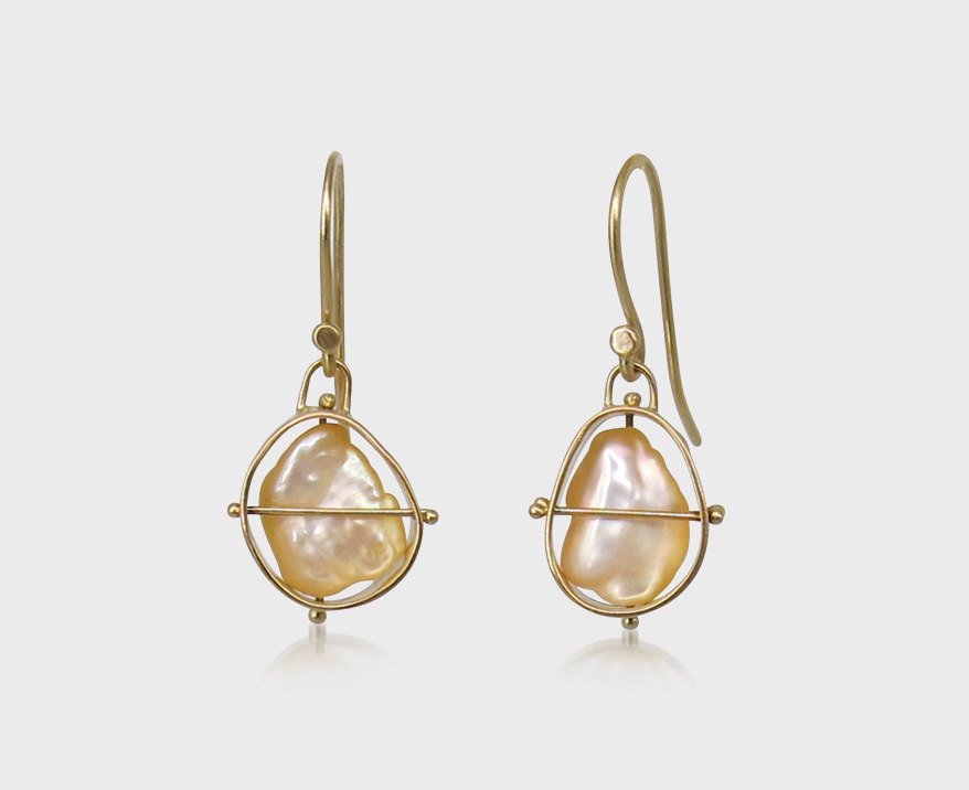 14K yellow gold earrings with Japanese Biwa pearls.