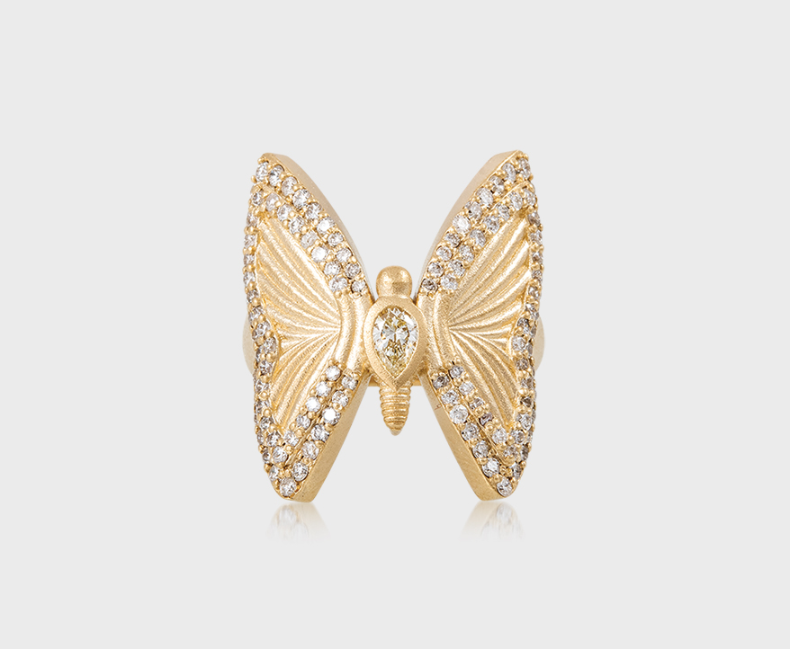 Jacquie Aiche  14K yellow gold large two-row pavé diamond butterfly teardrop center ring.