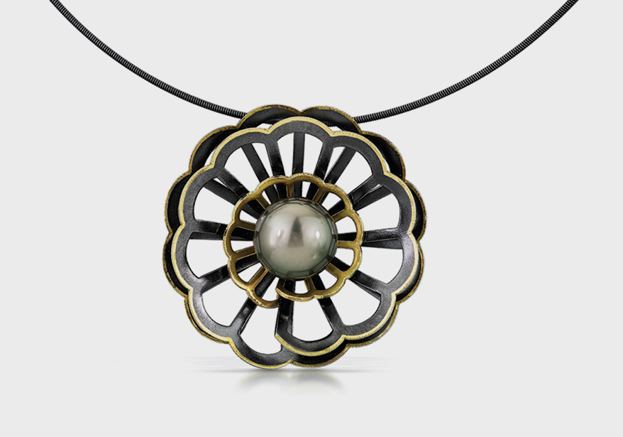 Karin Jacobson Design  Recycled oxidized sterling silver and 18K yellow gold necklace